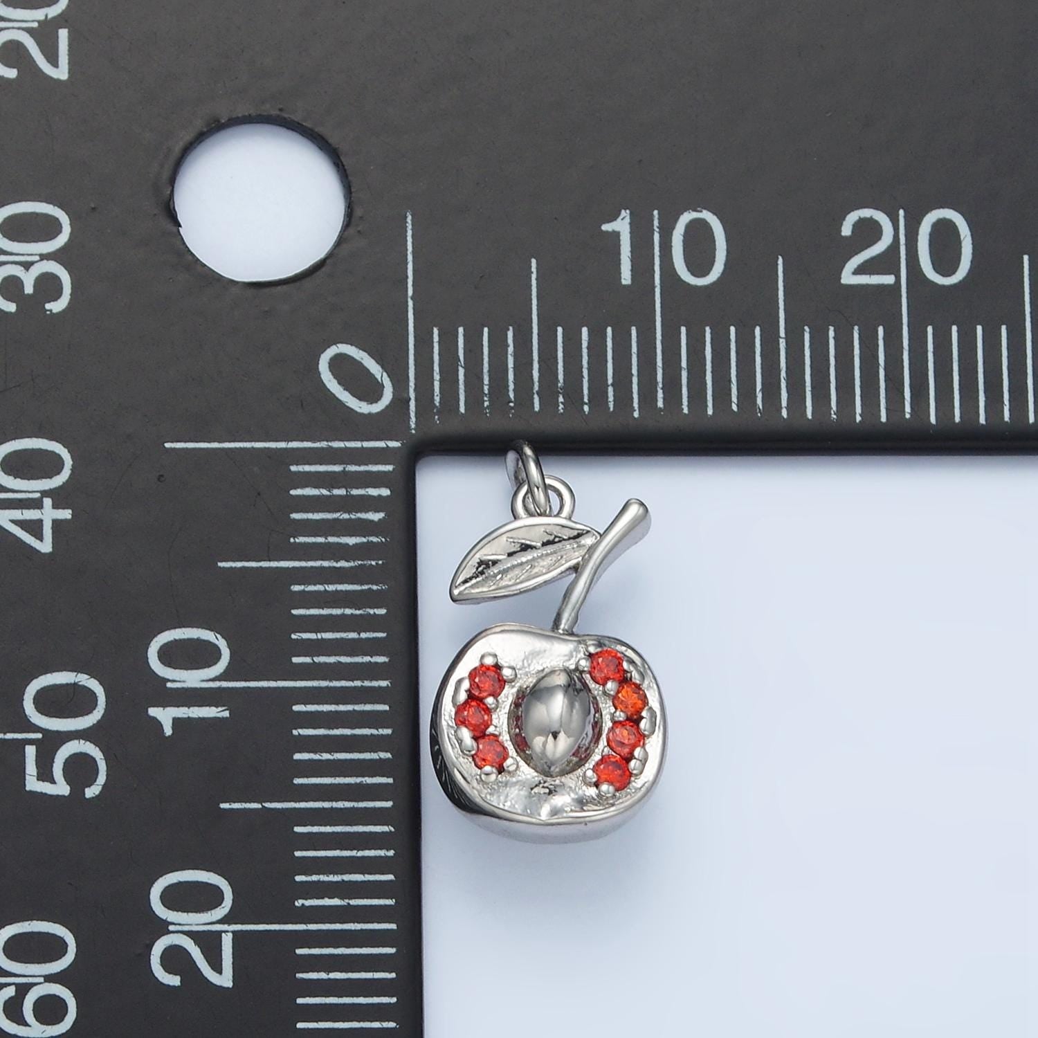Silver & gold halve cut apple, red cz fruit charm | e-393