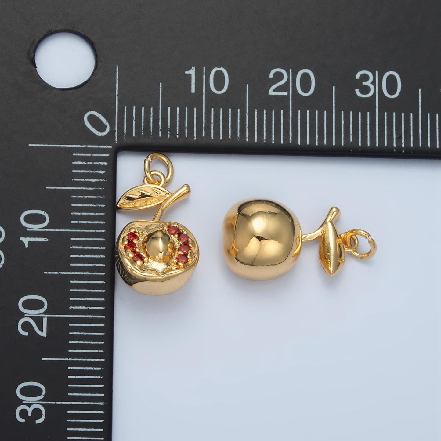 Silver & gold halve cut apple, red cz fruit charm | e-393