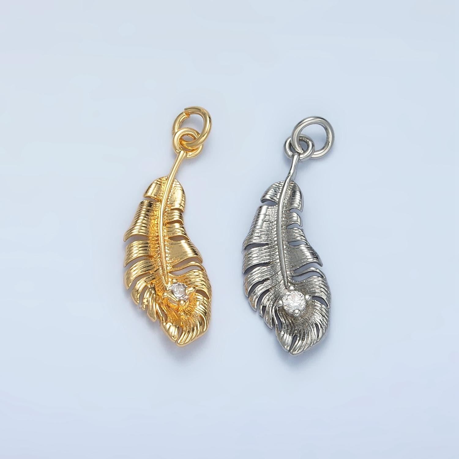 Bird feather cz paved in gold & silver dangle charm | e-383