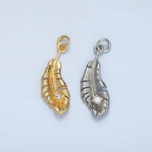 Bird feather cz paved in gold & silver dangle charm | e-383