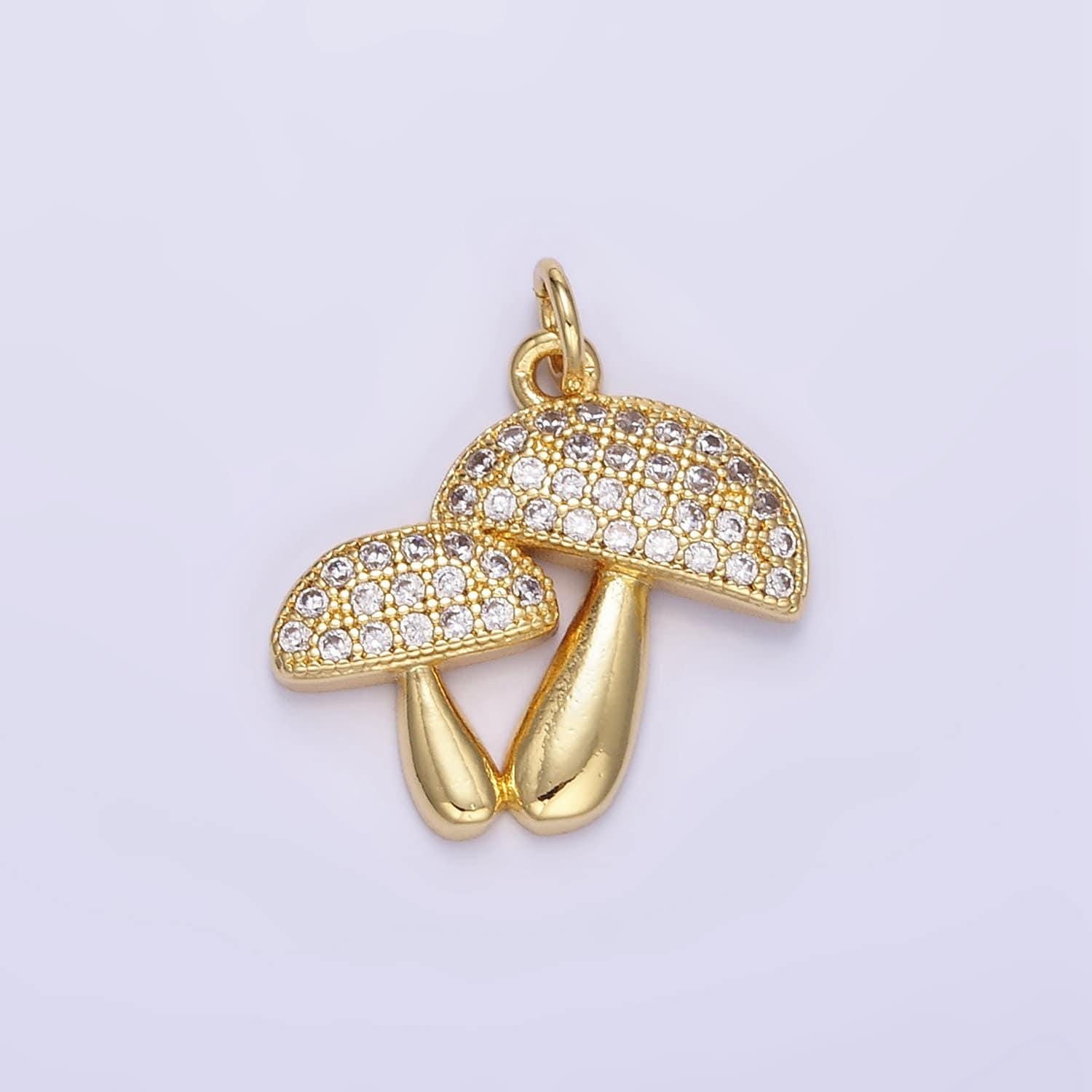 Cute golden mushrooms charm, micro pave cz charm, dainty pendant gold shroomie charm for jewelry making e345