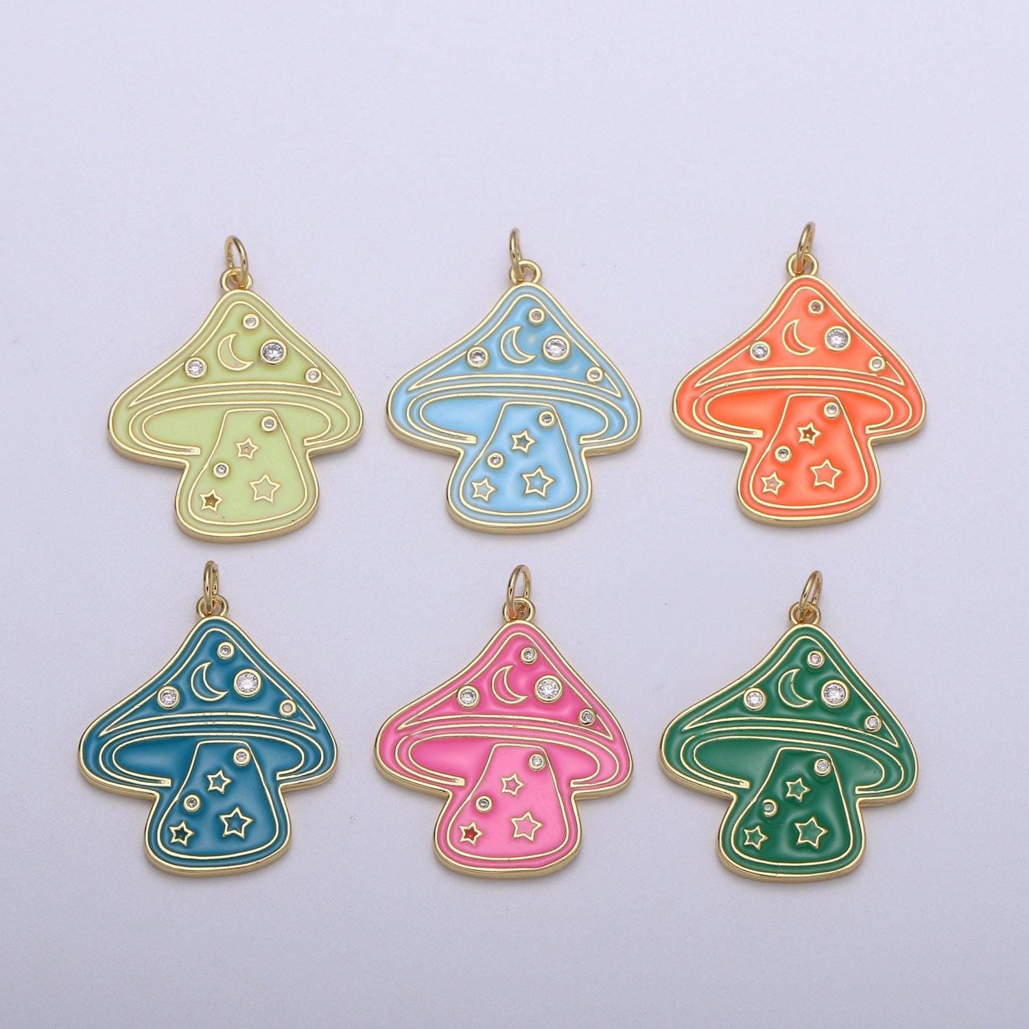 Gold mushroom charms, enamel magic mushroom pendant for necklace fantasy celestial jewelry for statement necklace e-263