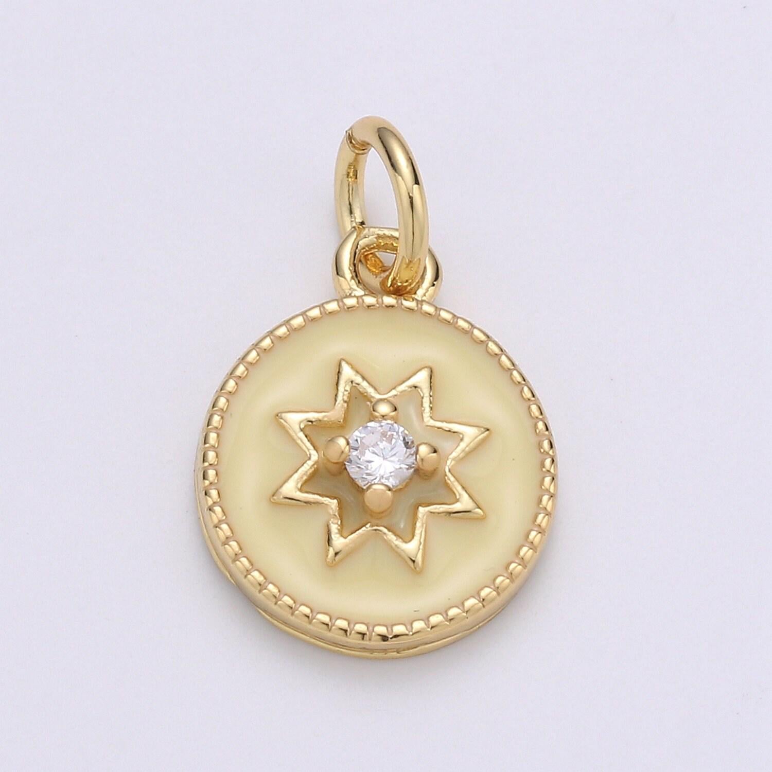 1pc star button round coin 24k gold charm, cz solitaire monogram pendant, dainty charm for diy jewelry, chgf-1993
