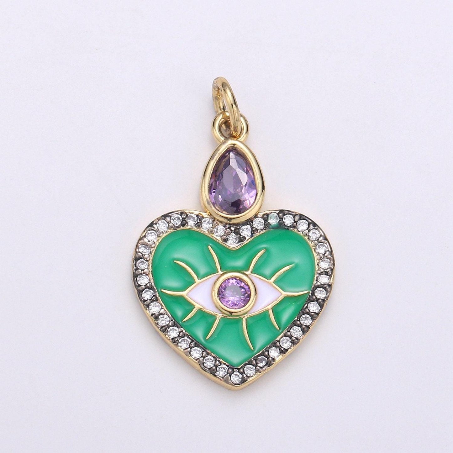 Enamel evil eye charm, micro pave evil eye pendant for amulet jewelry making supply protection blue, green evil eye heart ,chgf-1749,1989