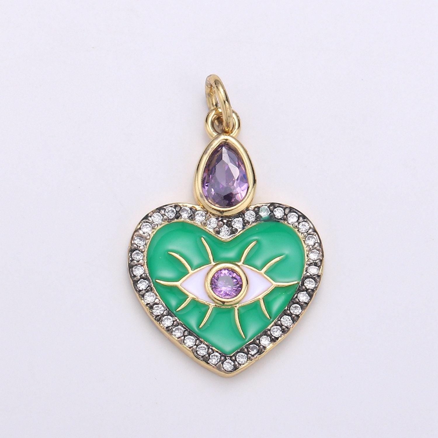 Enamel evil eye charm, micro pave evil eye pendant for amulet jewelry making supply protection blue, green evil eye heart ,chgf-1749,1989
