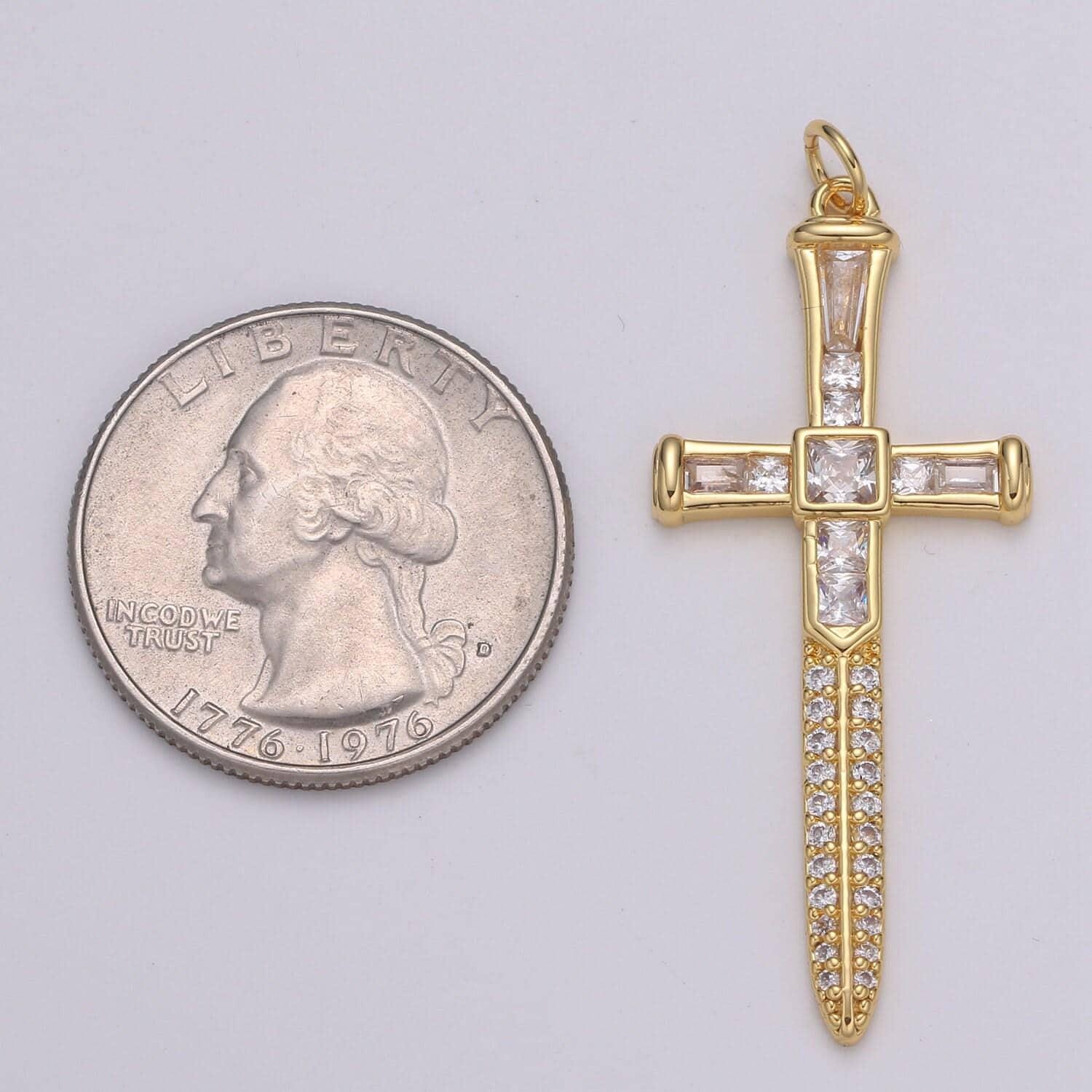 Baguette cubic cross pendant, cz sword pendant, earrings pendant, bracelet charm, necklace pendant, 24k gold jewelry e-212