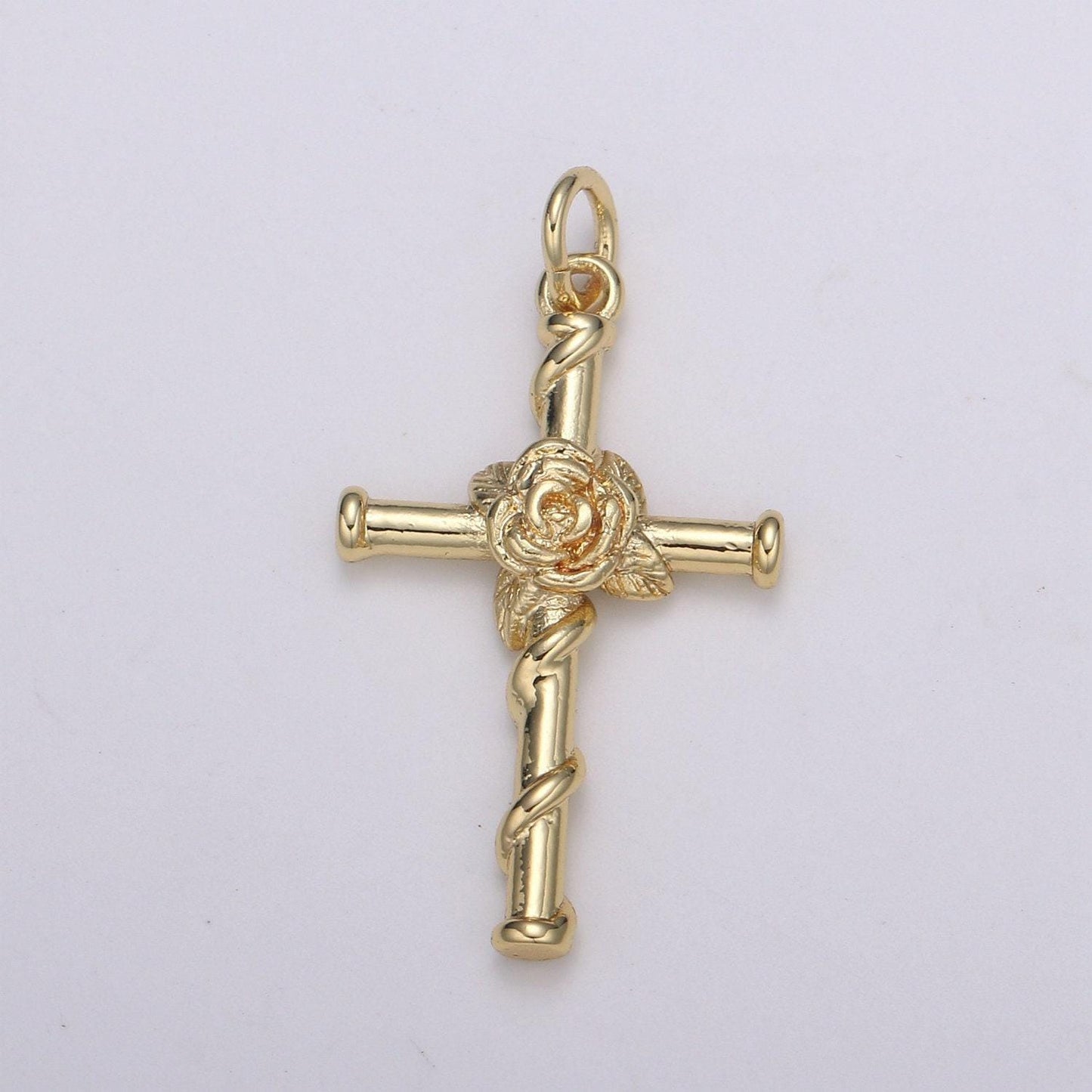 Rose of sharon cross pendant,crucifix cross charm pendant religious necklace pendant,gold religious jewelry making, e-206