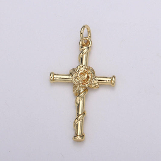 Rose of sharon cross pendant,crucifix cross charm pendant religious necklace pendant,gold religious jewelry making, e-206