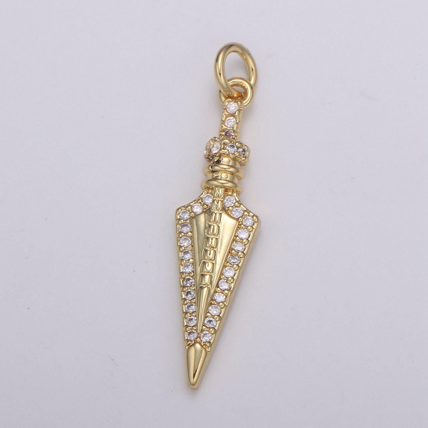 1pc 24k gold micro pave peg charm, cubic zirconia spear pendant charm, charm, for diy jewelry, e-205