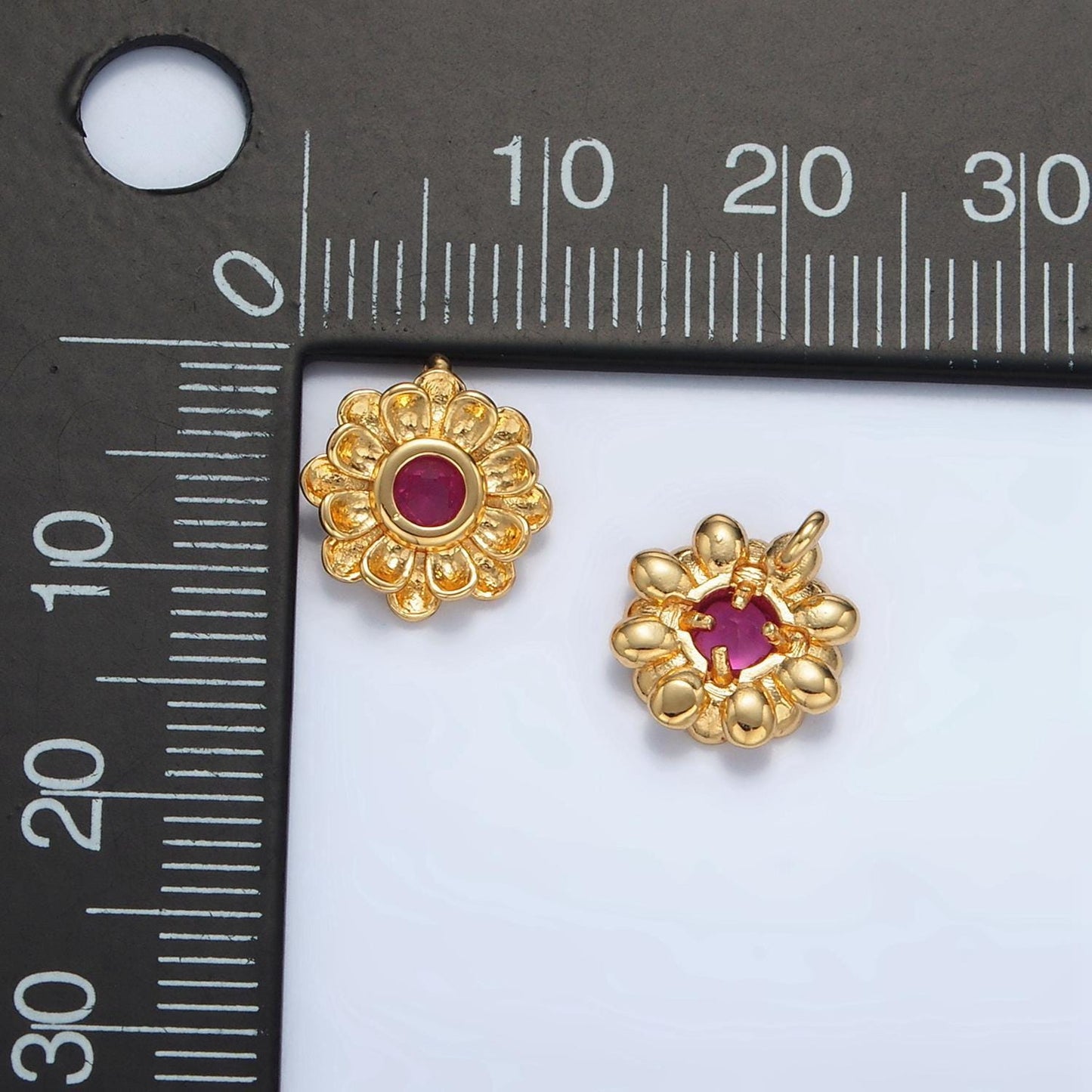 Tiny gold filled hot pink cz artisan flower charm bali inspired | e194