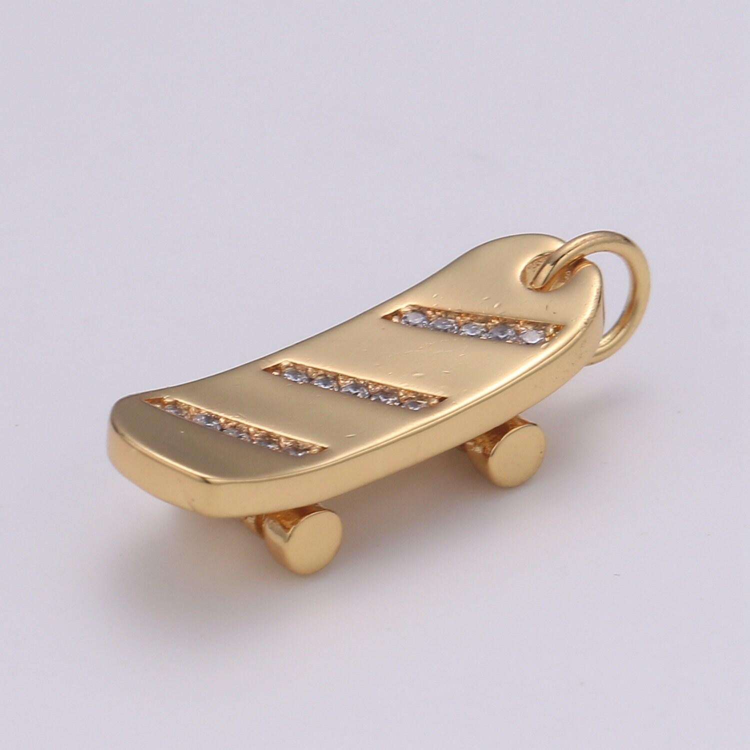 Skate board pave charm, 18k skate board cubic zirconia pendant 23x7mm mobility jewelry outdoor activity inspired, metro style design, e-184