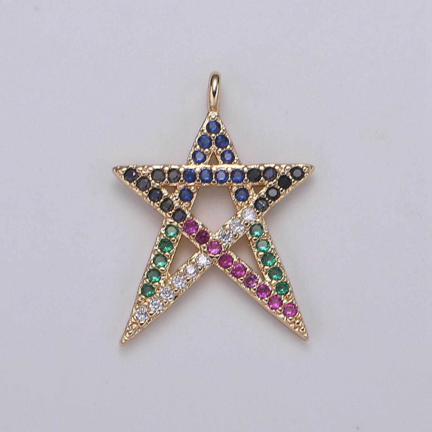 1pc 18k gold star micro pave connector charm, multi color cubic zirconia pendant charm, for diy jewelry, rose gold color, e-174