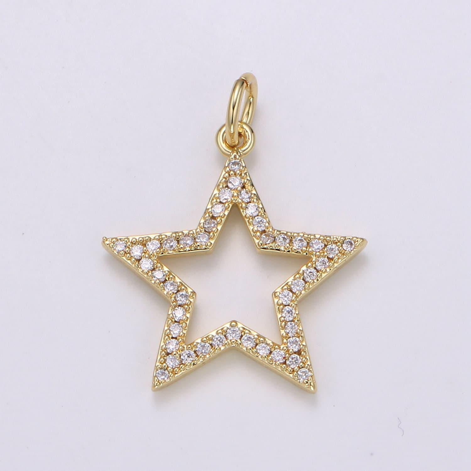 1pc 24k gold micro pave star charm, cubic zirconia star pendant charm, charm, for diy jewelry,chgf-2121