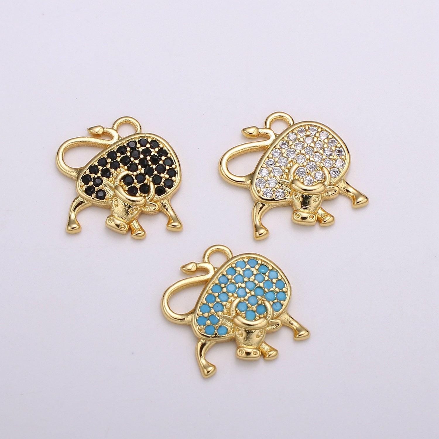 1pc 24k gold micro pave black, clear, teal ox charm,cubic zirconia bull pendant charm,gold cow charmfor diy jewelry, e154,155,156