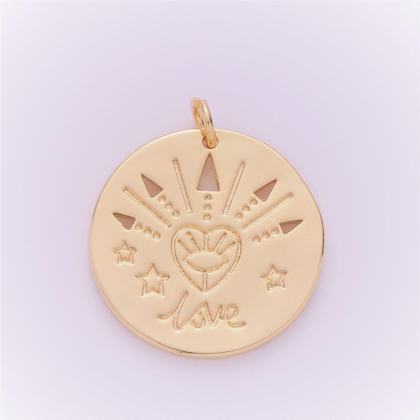 Love is in the air round 24k gold pendant,heart-star-arrow pendant charm,evil eye charm,for diy jewelry,gold coin, e150
