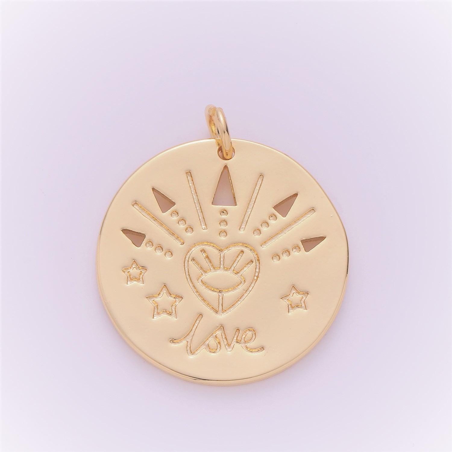 Love is in the air round 24k gold pendant,heart-star-arrow pendant charm,evil eye charm,for diy jewelry,gold coin, e150
