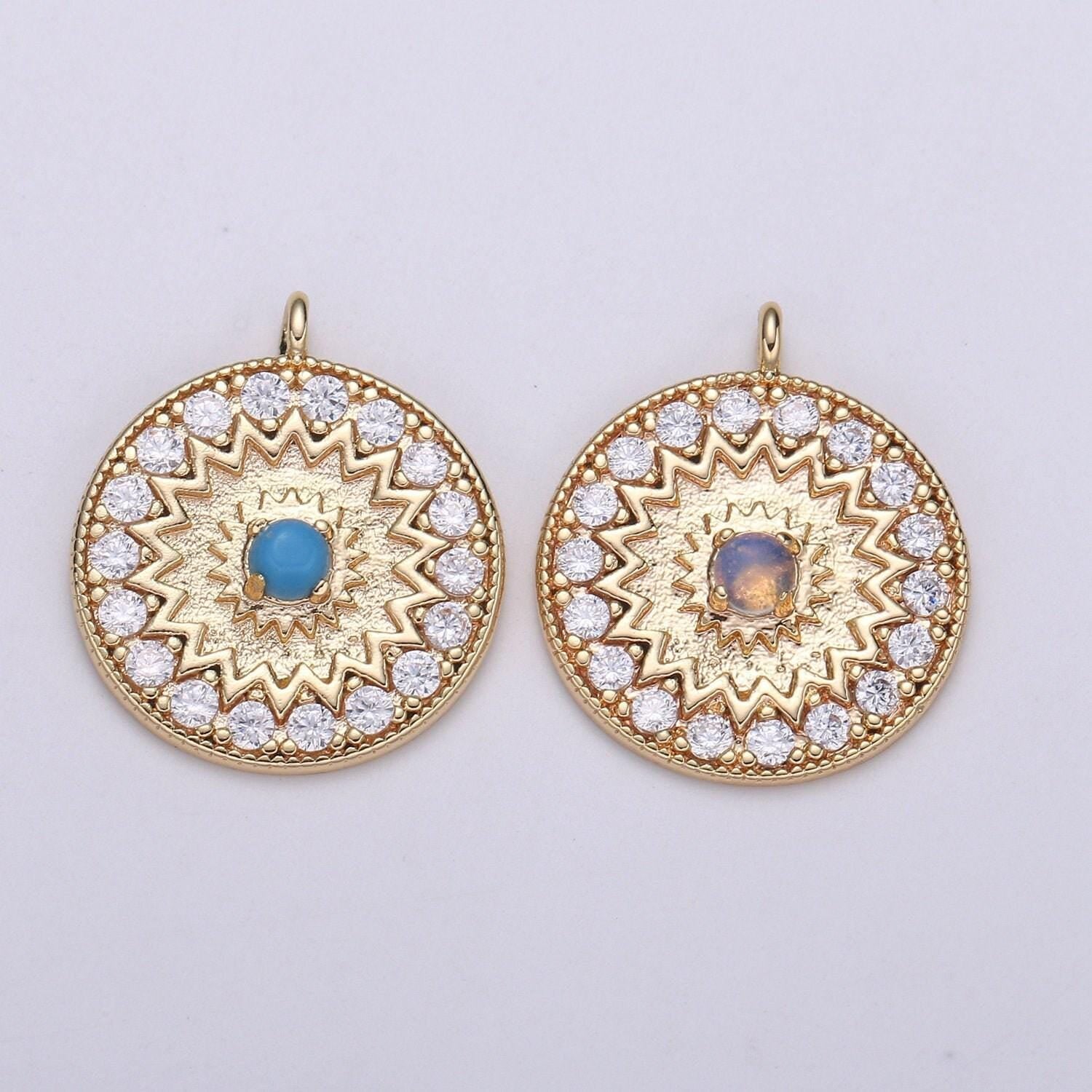 Gold moonstone, turquoise round circle charm medallion coin round geometric charm for minimalist jewelry necklace, chgf-2109,2110