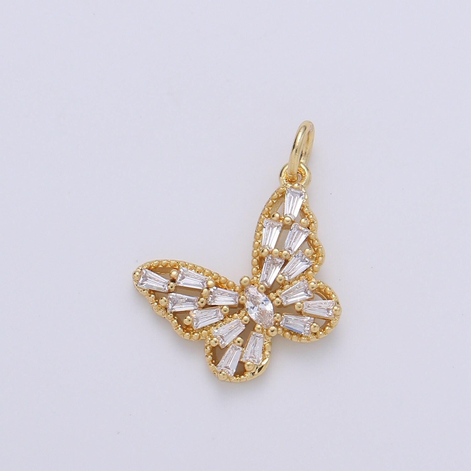 Dainty 24k gold micro pave butterfly charm cubic zirconia mariposa pendant charm baguette cz monarch charm, chgf-1910