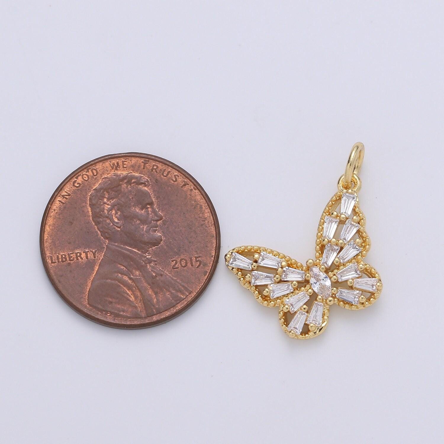 Dainty 24k gold micro pave butterfly charm cubic zirconia mariposa pendant charm baguette cz monarch charm, chgf-1910