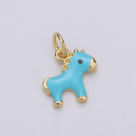 1pc teal enamel pony charm, gold enamel horse charms, blue pony charm, dainty horse charm, enamel charm