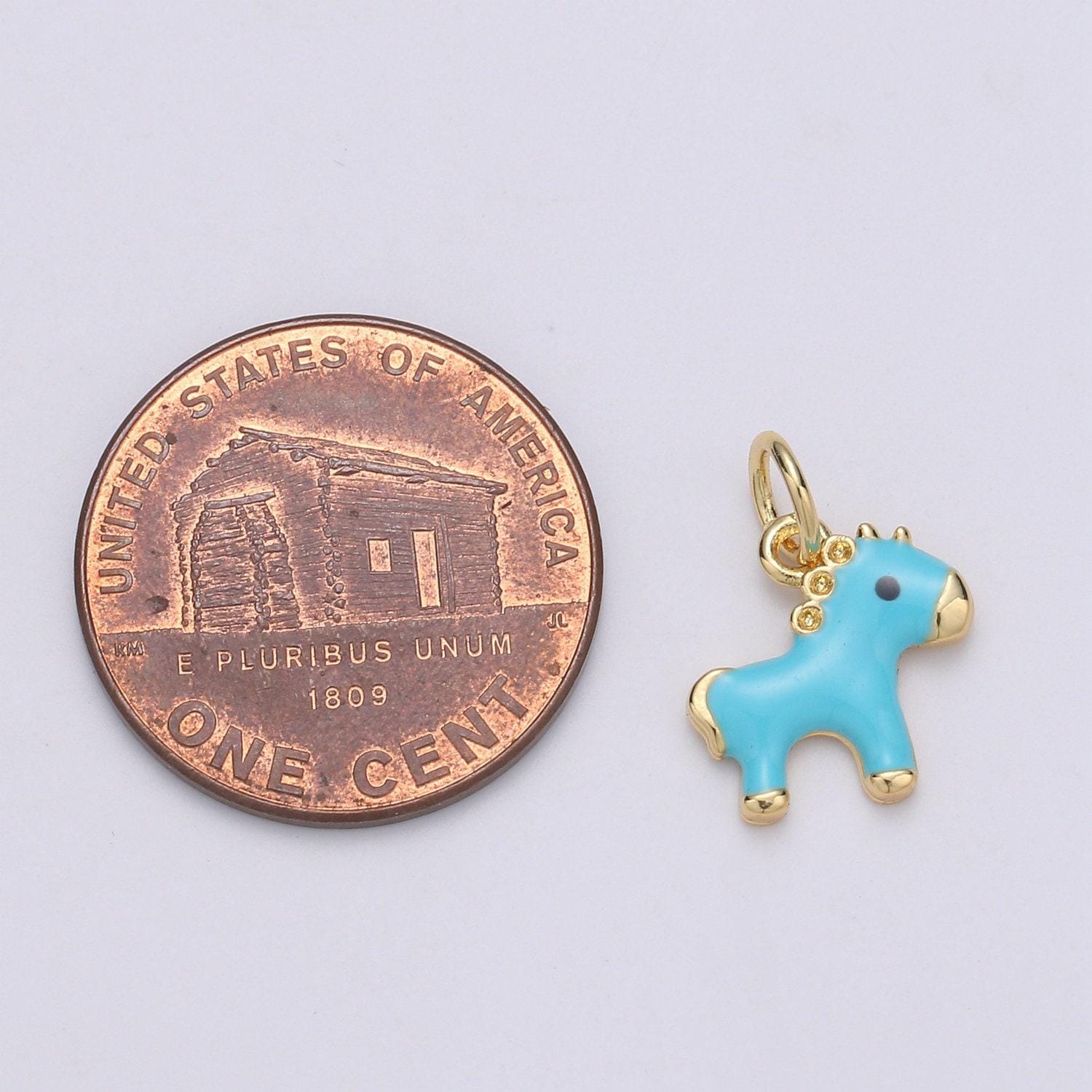 1pc teal enamel pony charm, gold enamel horse charms, blue pony charm, dainty horse charm, enamel charm