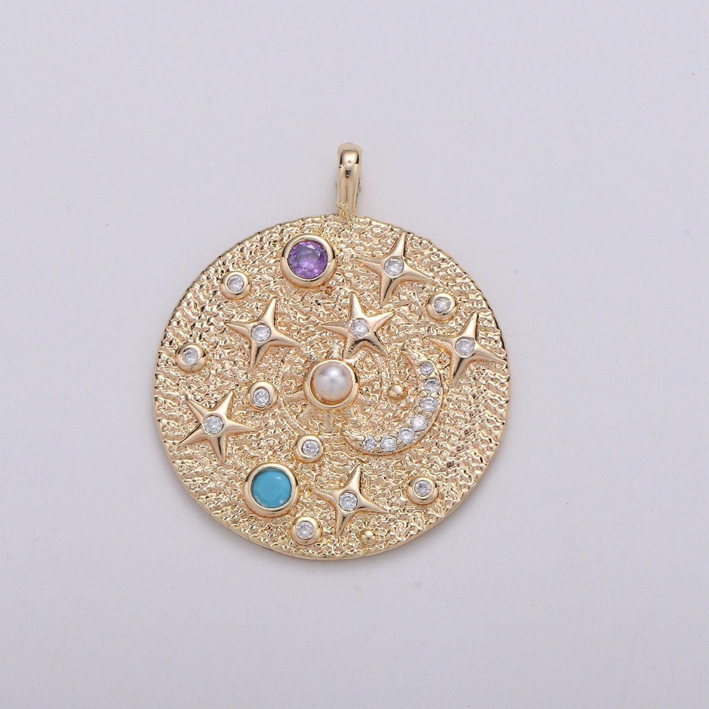 Pearl and multi color cz planet in the universe round pendant 14k gold charm, star, galaxy, diy jewelry necklace making d-737