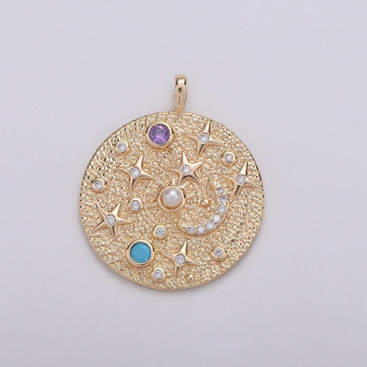 Pearl and multi color cz planet in the universe round pendant 14k gold charm, star, galaxy, diy jewelry necklace making d-737