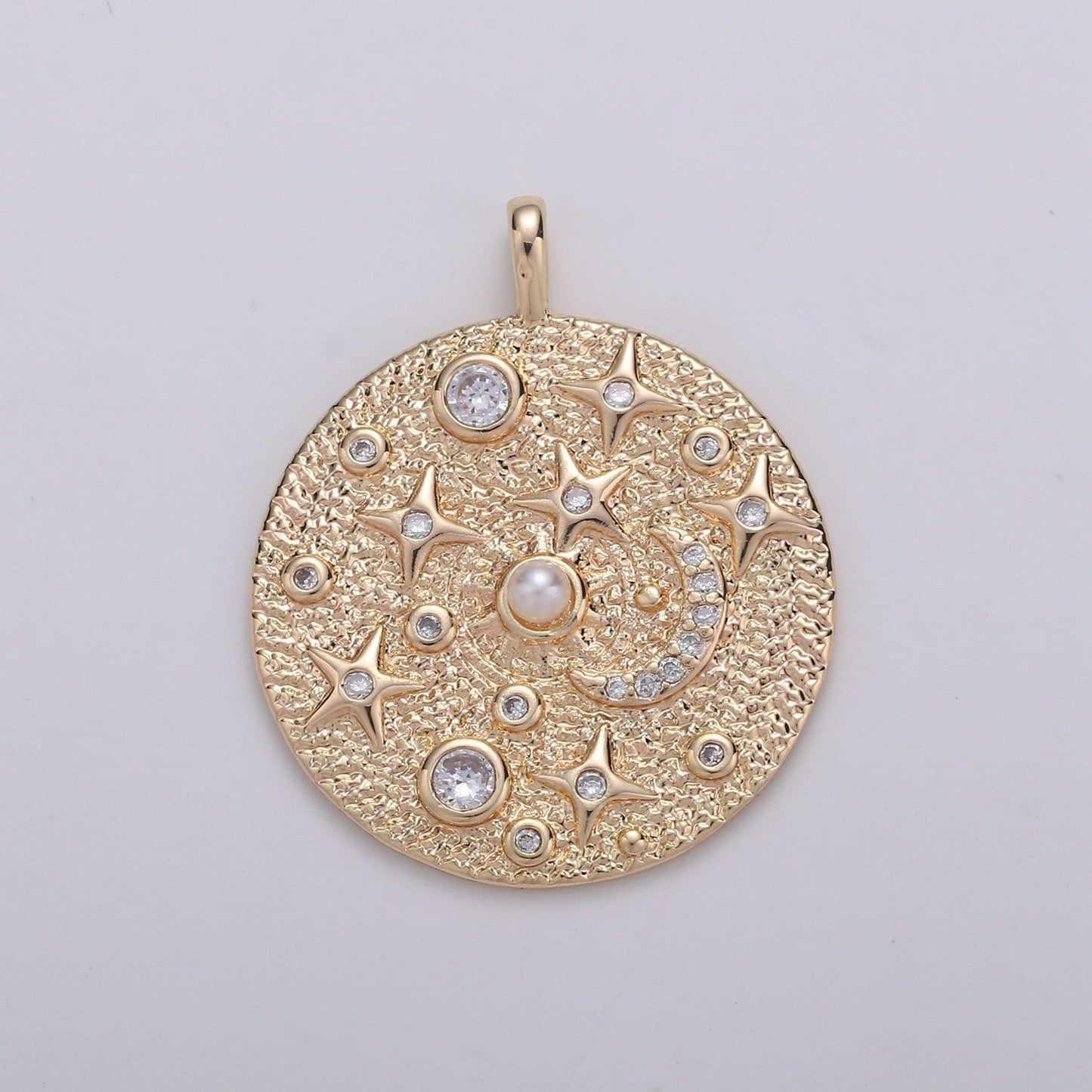 Pearl and micro pave cz planet in the universe round pendant 14k gold charm,star,cresent moon,galaxy,diy jewelry necklace making,1766,d-736