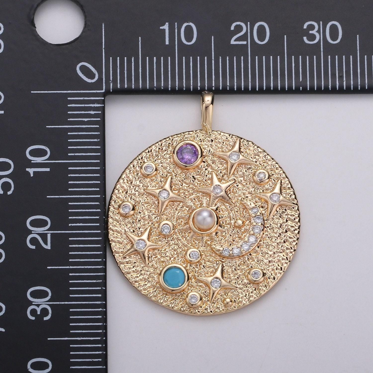 Pearl and multi color cz planet in the universe round pendant 14k gold charm, star, galaxy, diy jewelry necklace making d-737