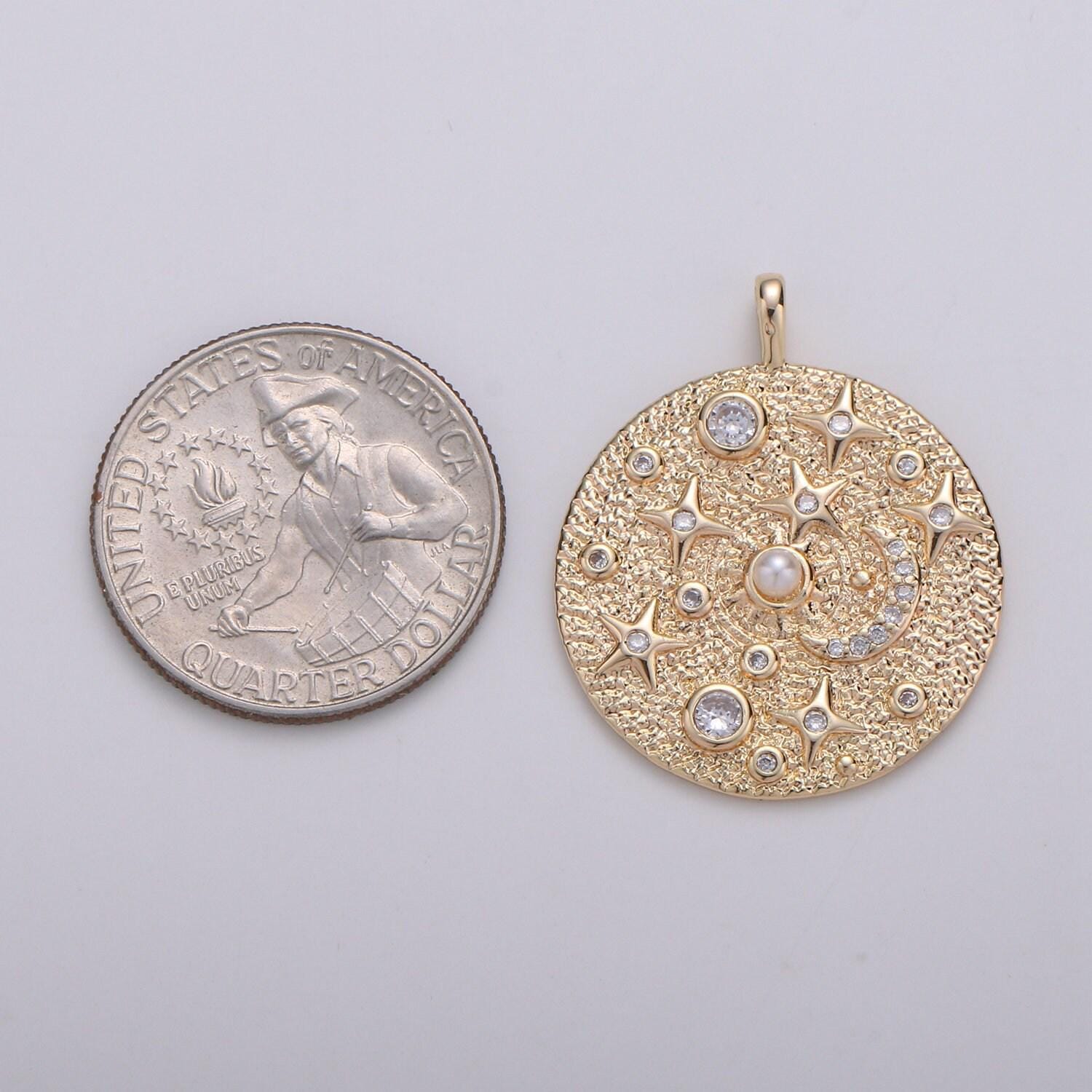 Pearl and micro pave cz planet in the universe round pendant 14k gold charm,star,cresent moon,galaxy,diy jewelry necklace making,1766,d-736