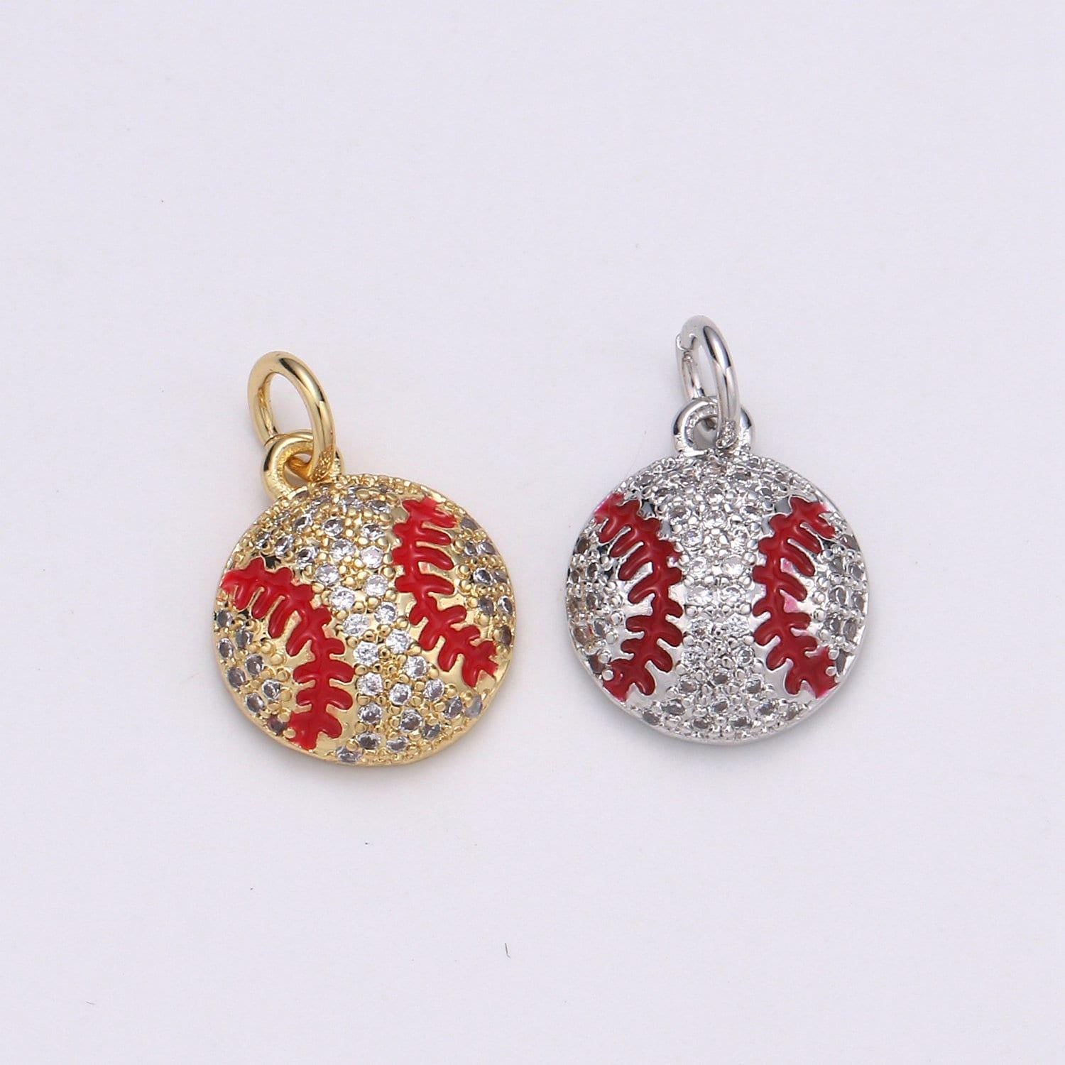 14k gold baseball charm, ball charm, baseball player gift, sports fan dainty small micro pave charm for necklace bracelet | d-725 d-725