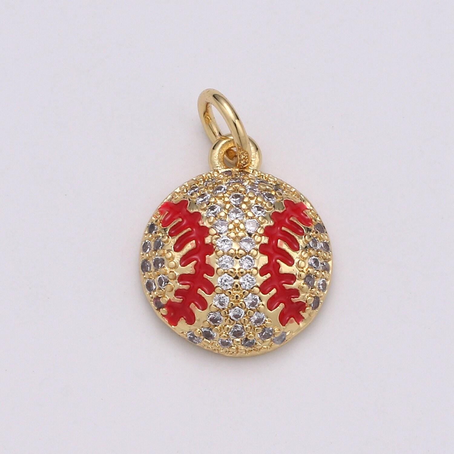14k gold baseball charm, ball charm, baseball player gift, sports fan dainty small micro pave charm for necklace bracelet | d-725 d-725