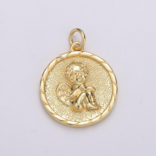 Gold cherub pendant - little angel- necklace charm - coin disc charm- gift for daughter- jewelry findings - charm for necklace d-718