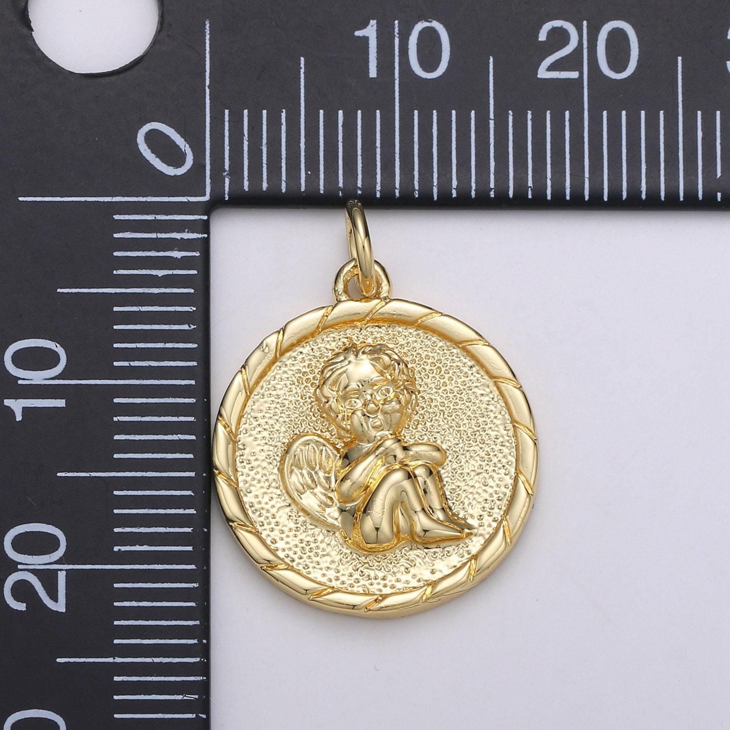 Gold cherub pendant - little angel- necklace charm - coin disc charm- gift for daughter- jewelry findings - charm for necklace d-718