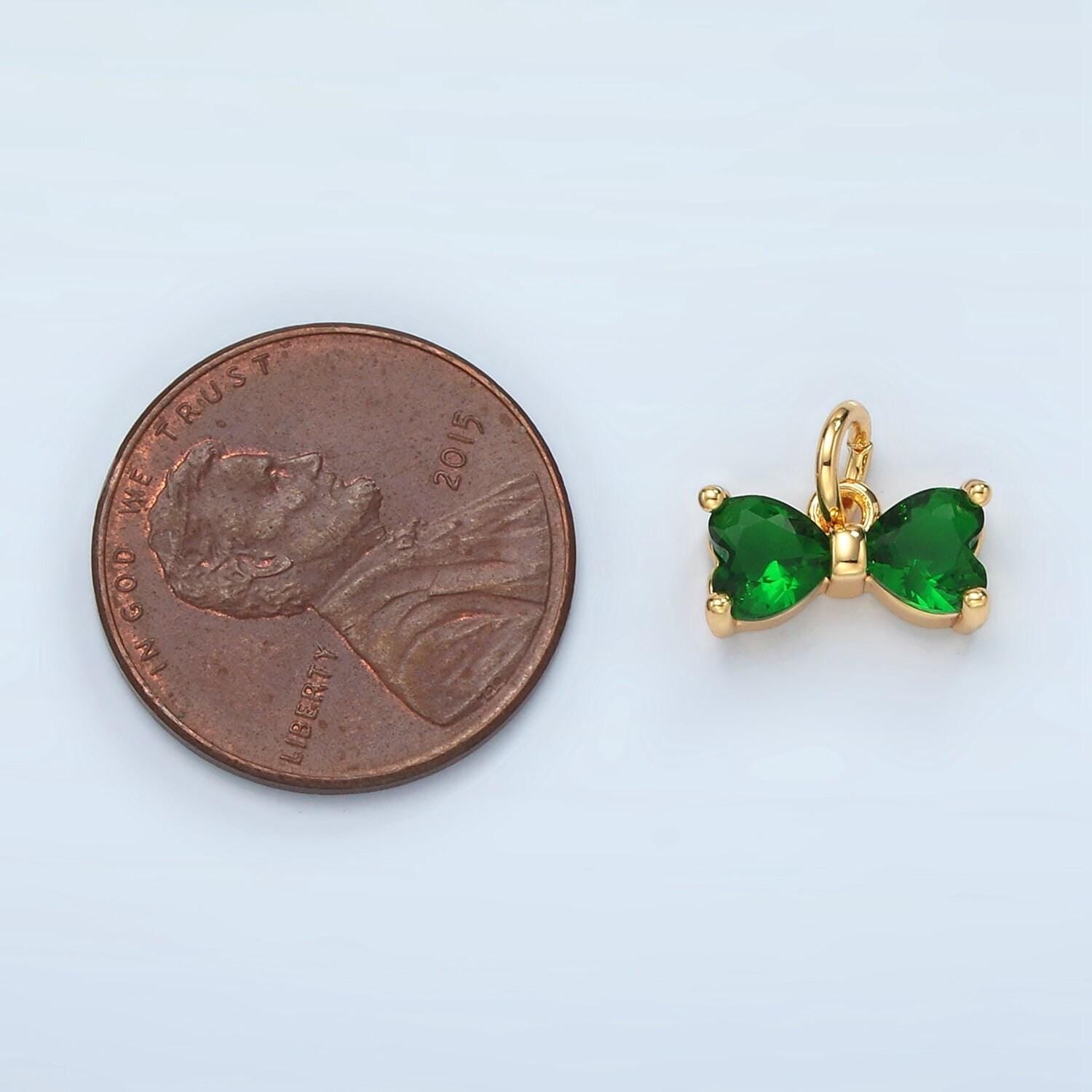 Mini gold green bow pendant, 14k gold filled green cz hearts charm lucky pendant jewelry making supply | d707