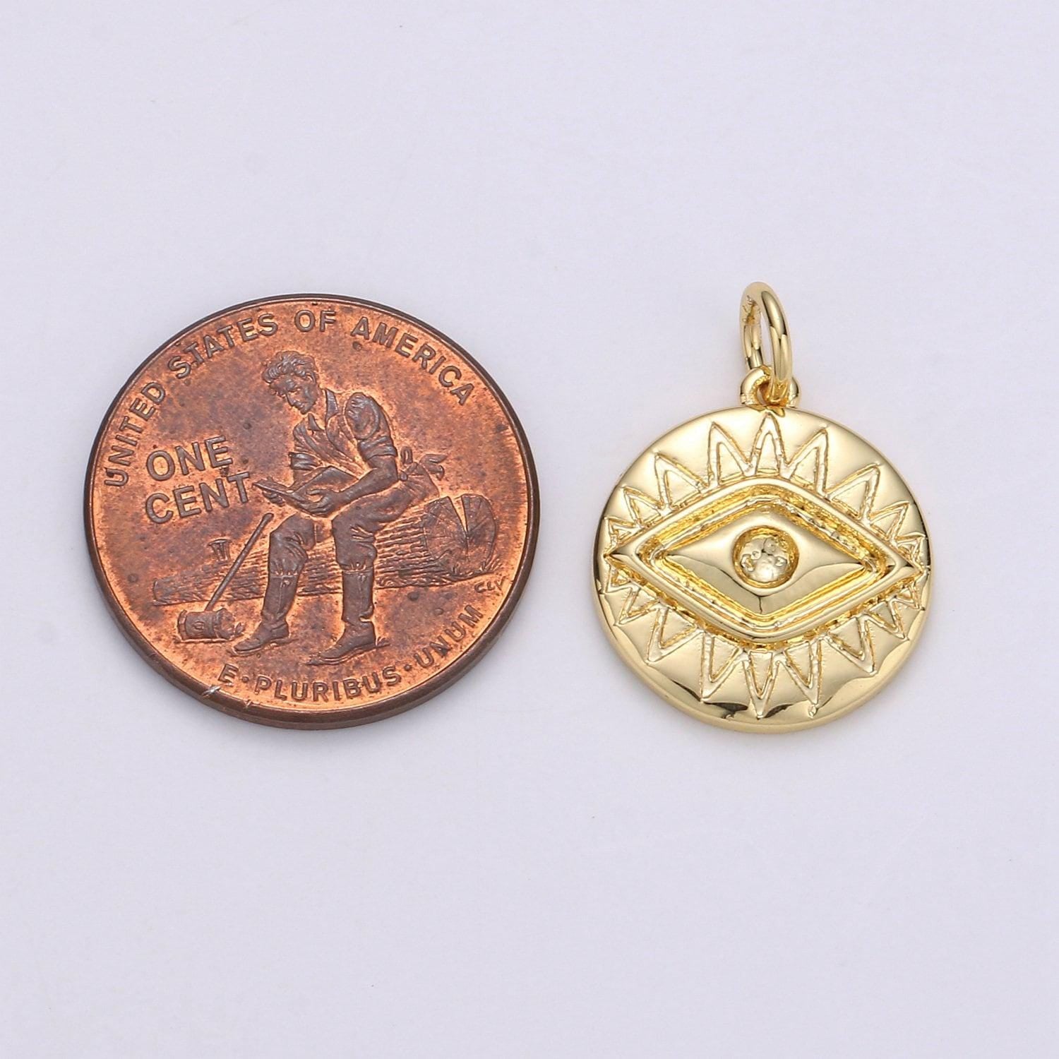 24k gold evil eye round circle charm medallion coin round , eye of ra charm for necklace, chgf 1716