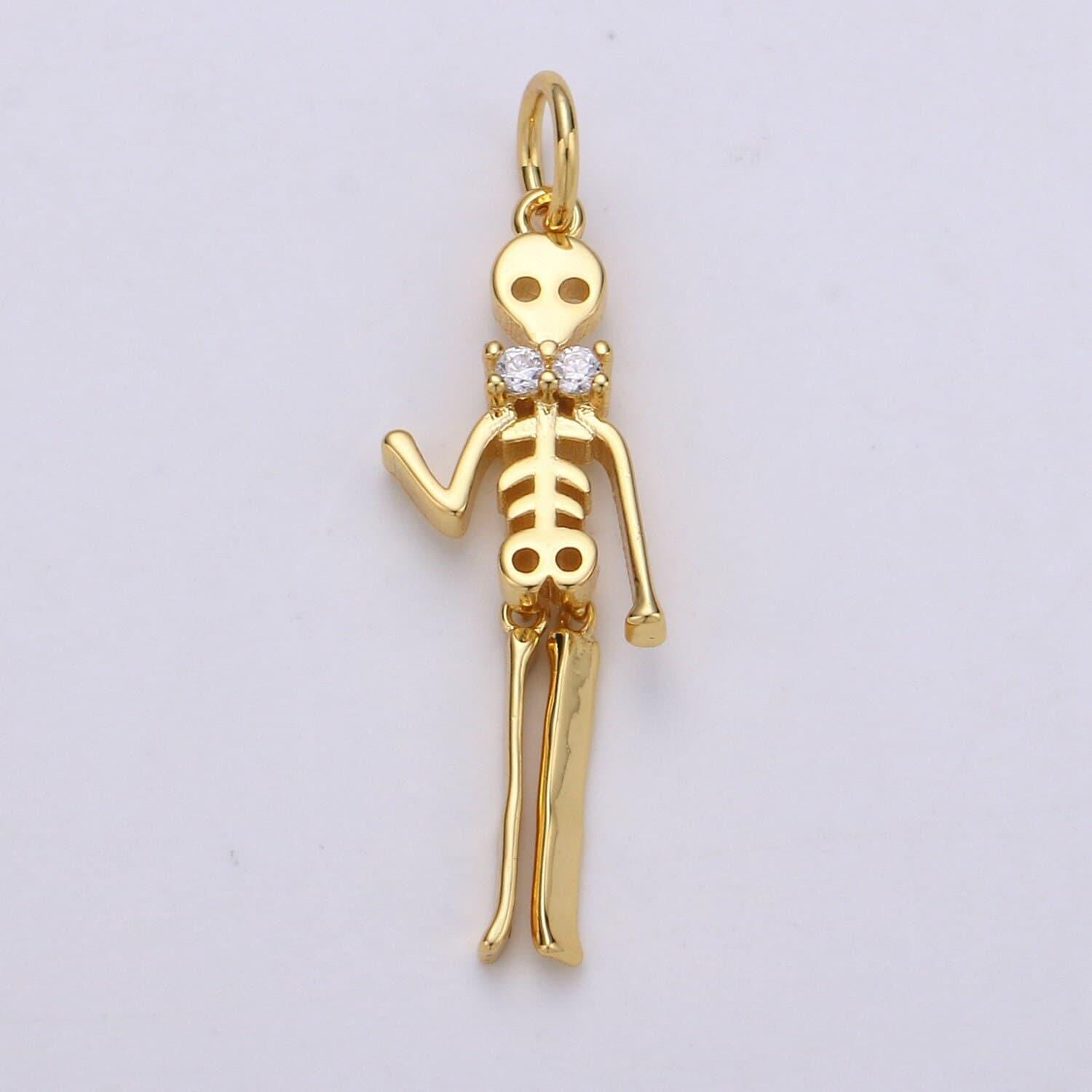 Men boy day of the dead charm - dia de los muertos pendant - miniature skeleton gold skull charm for halloween necklace jewelry supply