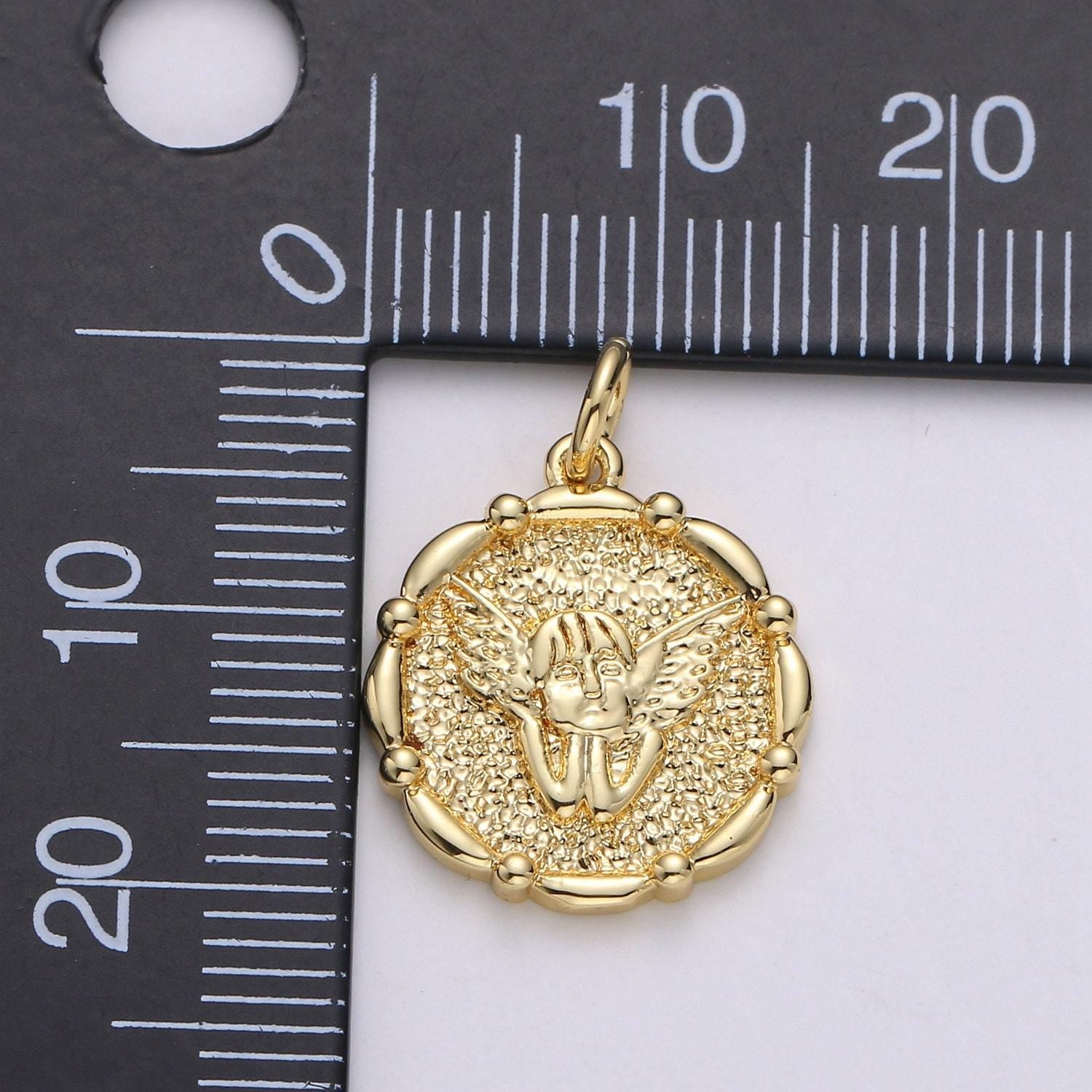 1pc 14k gold angel pendant charm, cherub pendant charm, medallion charm round disc coin charm for diy jewelry, d676
