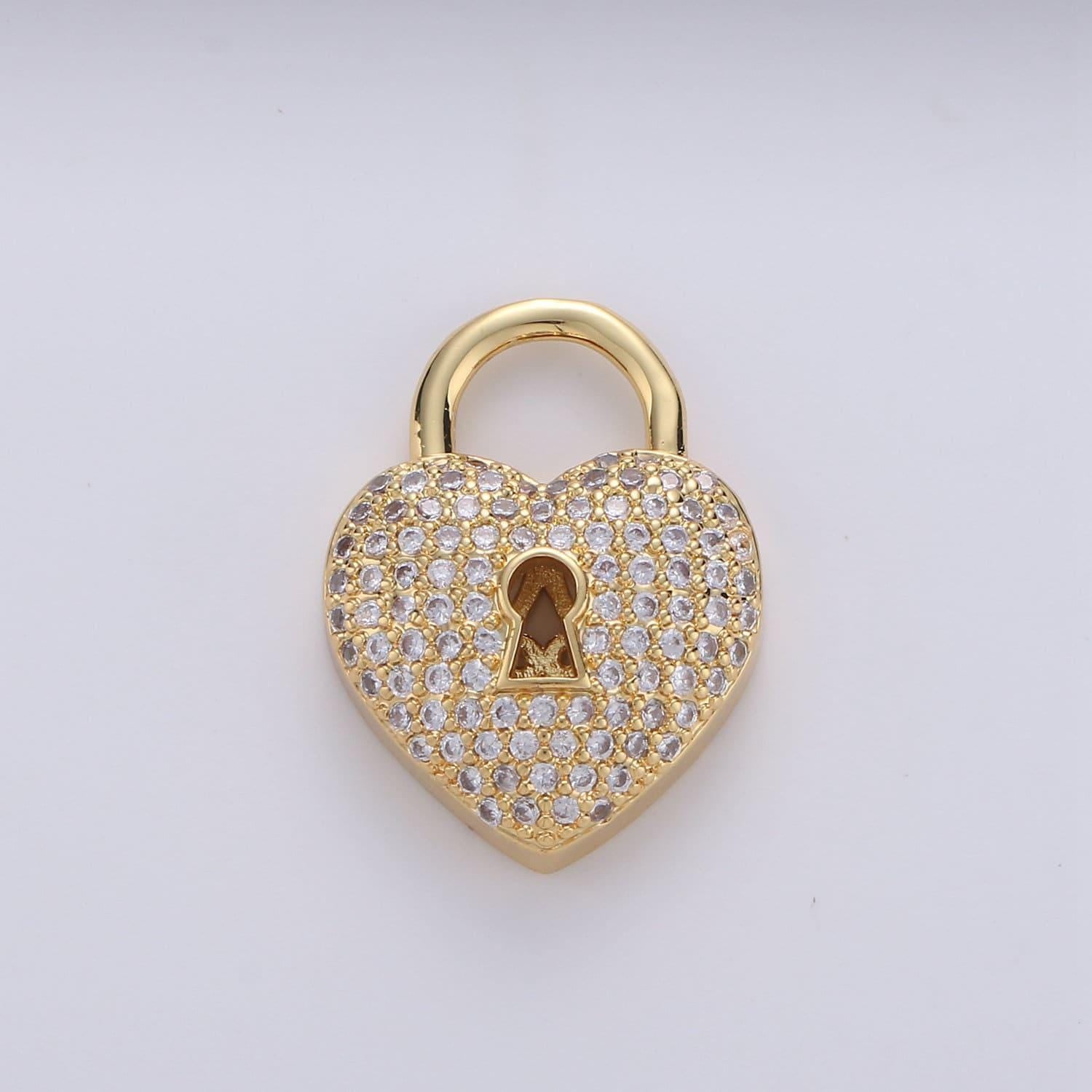 24k gold padlock charm gold cz micro pave charm pendant heart lock charm necklace for statement necklace component