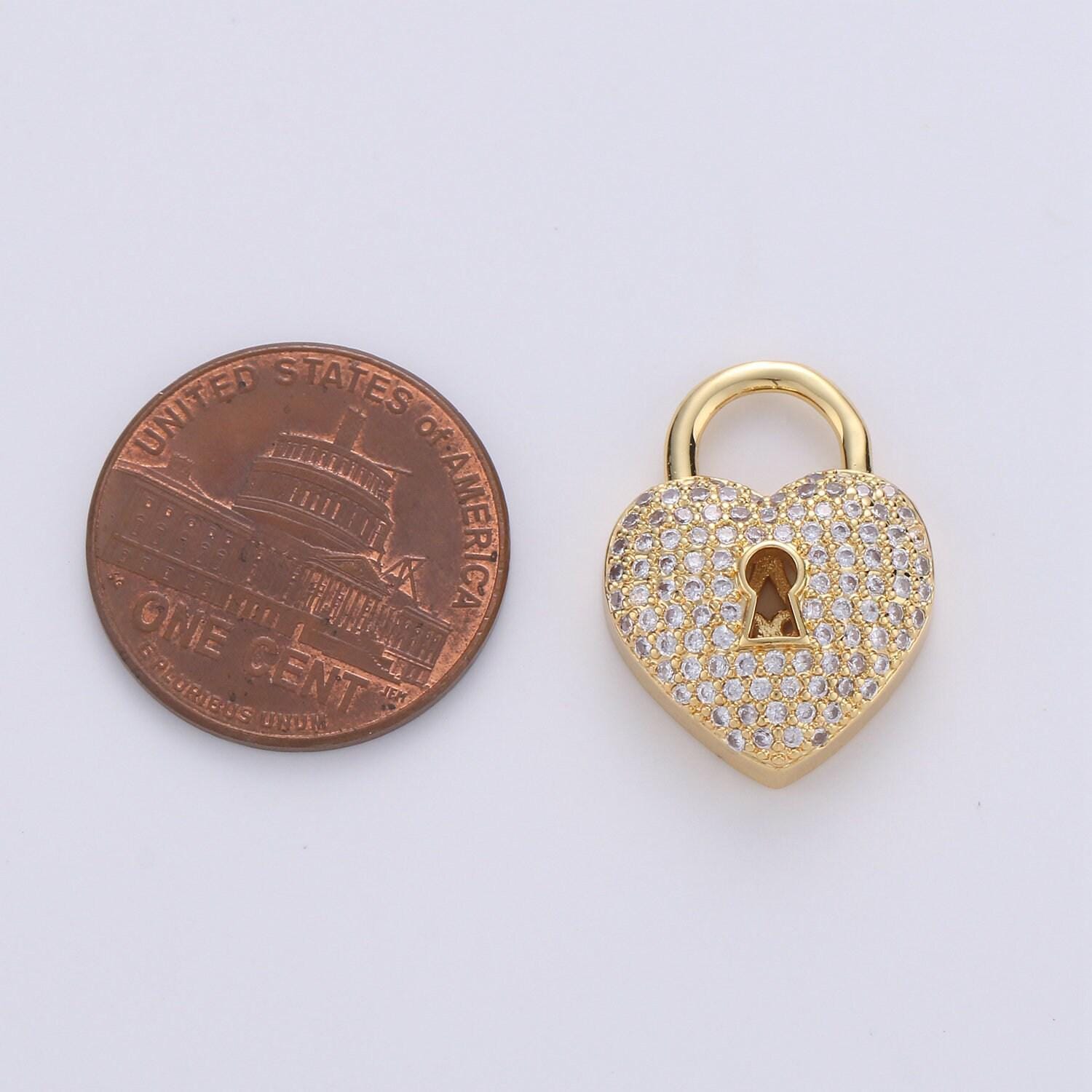 24k gold padlock charm gold cz micro pave charm pendant heart lock charm necklace for statement necklace component