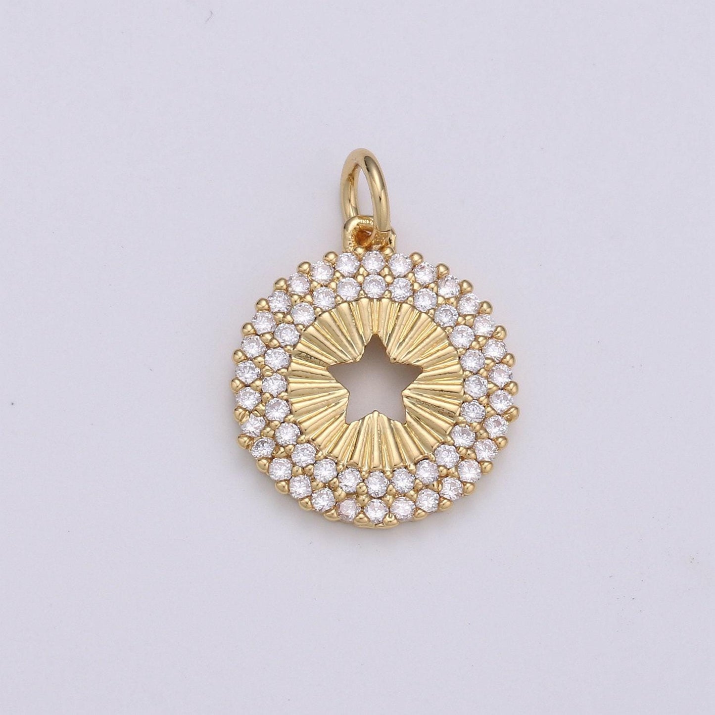 14mm 24k gold and silver round star charm - round star charm, micro pave star charm, twinkle star charm, 24k gold charm