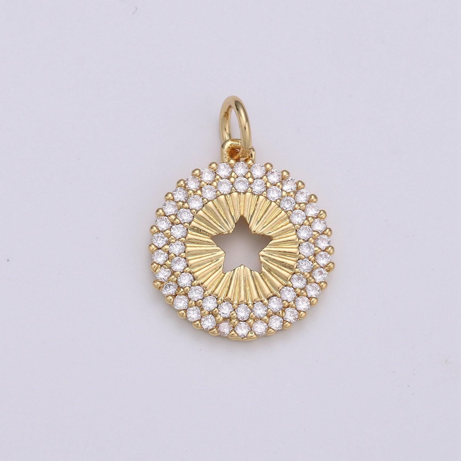 14mm 24k gold and silver round star charm - round star charm, micro pave star charm, twinkle star charm, 24k gold charm