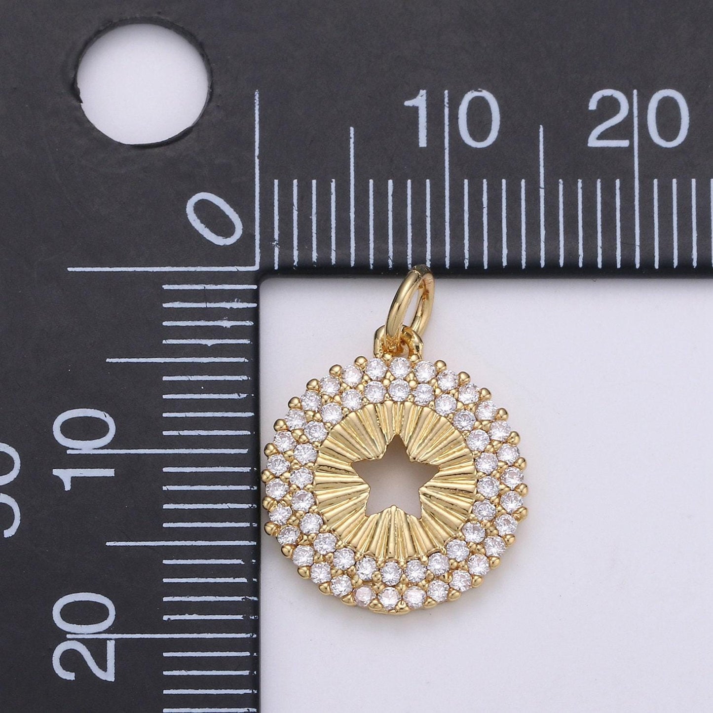 14mm 24k gold and silver round star charm - round star charm, micro pave star charm, twinkle star charm, 24k gold charm
