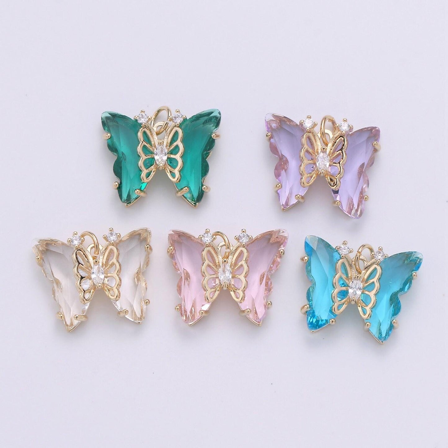 1pc large clear, blue, green pink,purple wings butterfly 24k gold micro pave cz mariposa pendant charm pendant, d520-d524