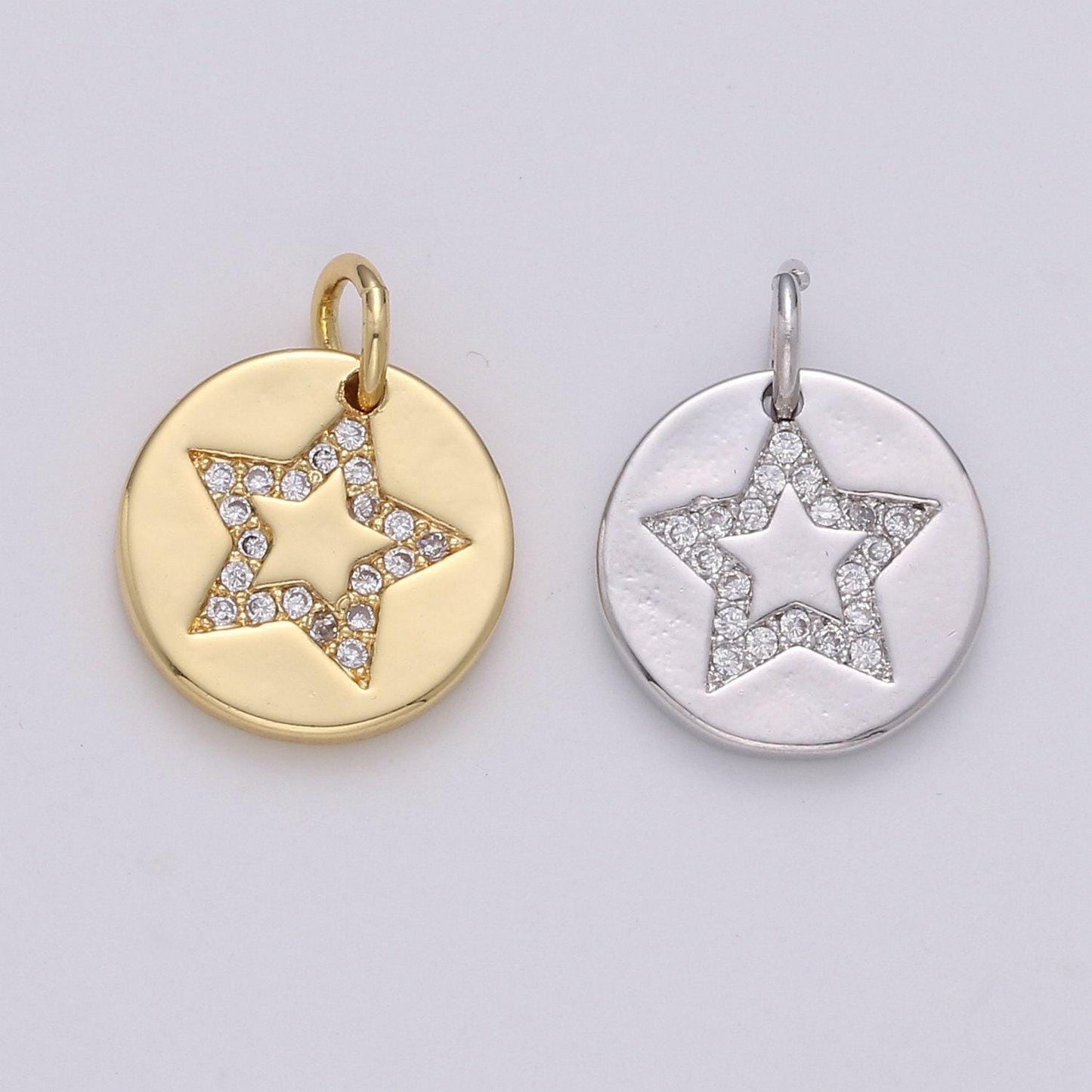 10mm round coin charm - round star charm, micro pave star charm, twinkle star charm, 24k gold charm chgf-1498, 1499
