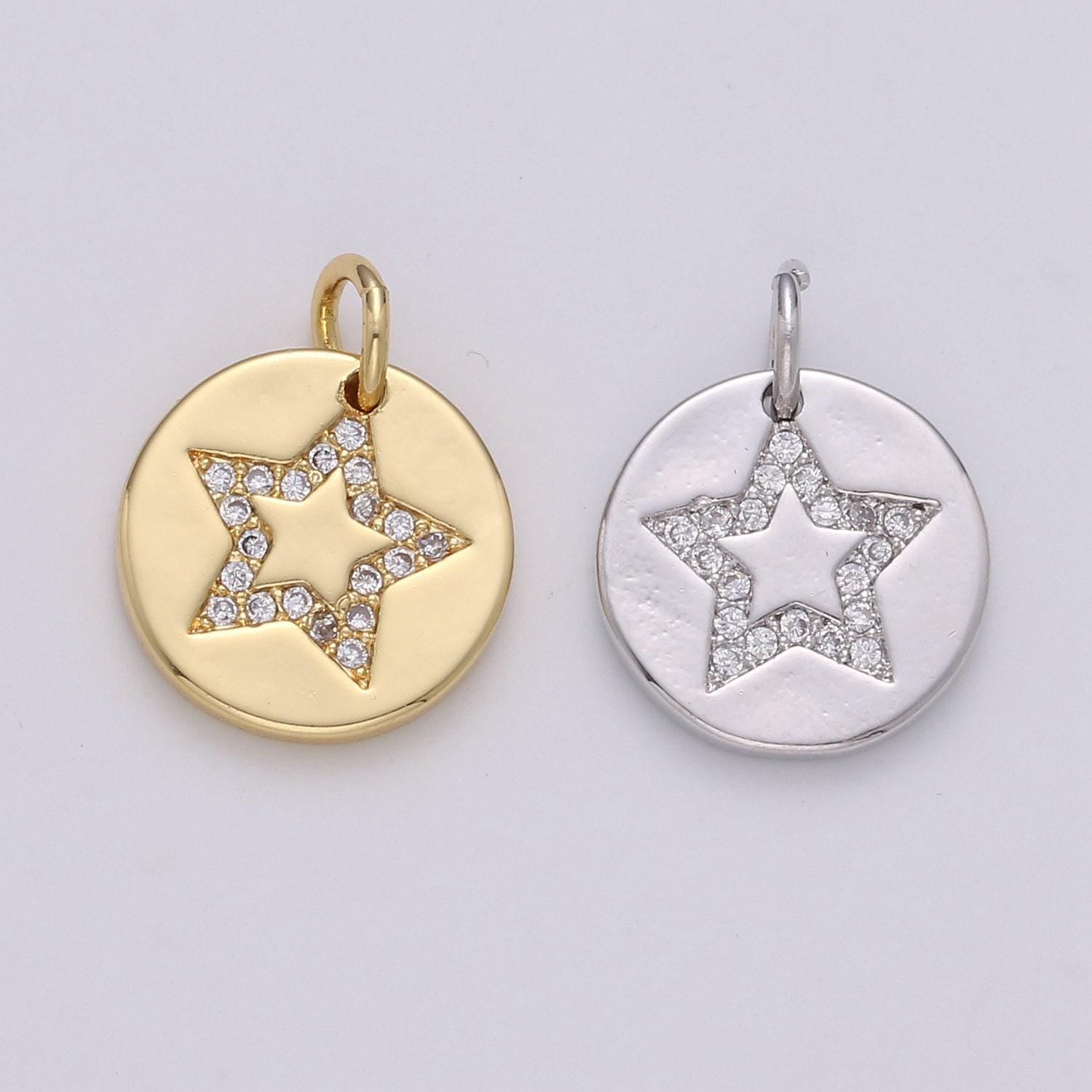 10mm round coin charm - round star charm, micro pave star charm, twinkle star charm, 24k gold charm chgf-1498, 1499