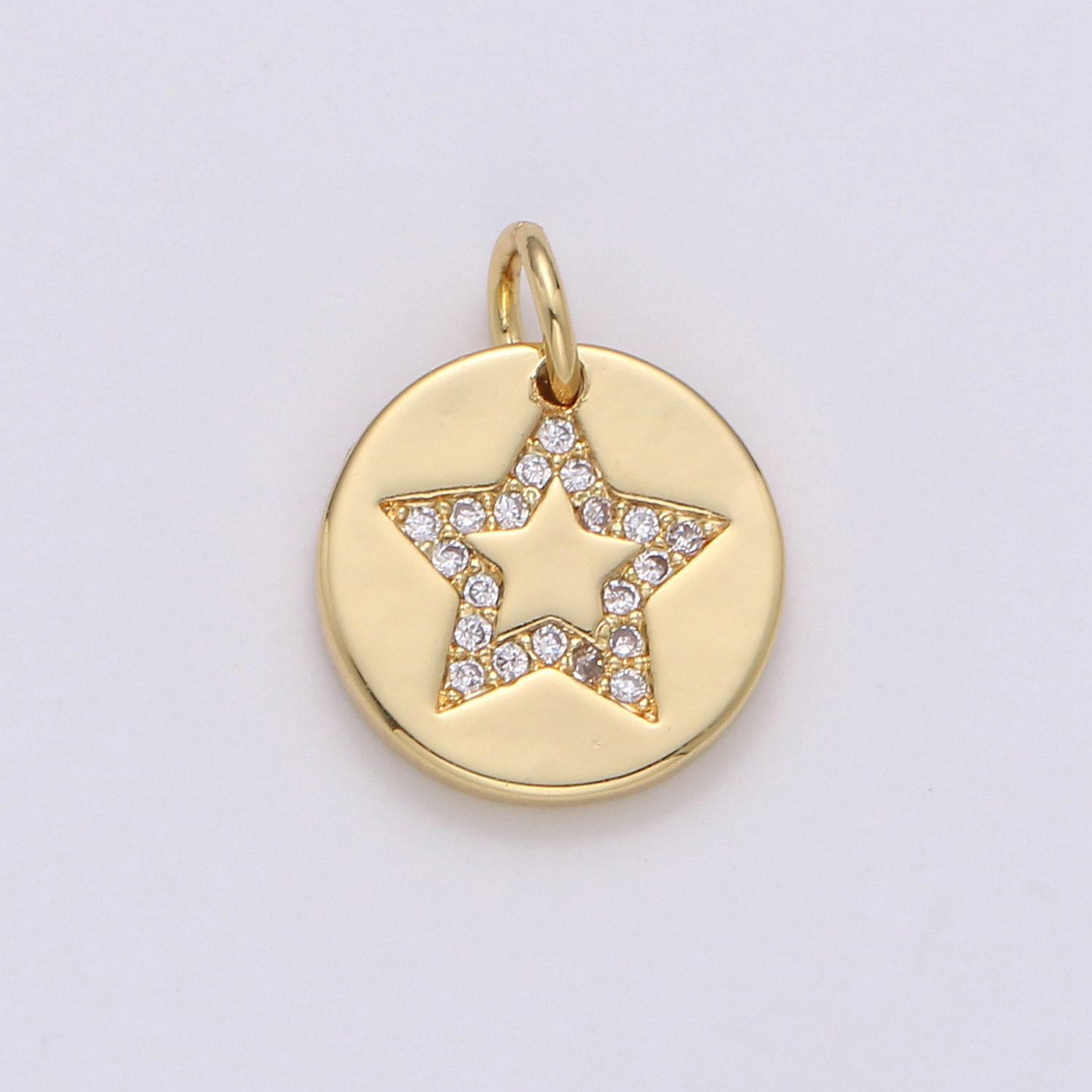 10mm round coin charm - round star charm, micro pave star charm, twinkle star charm, 24k gold charm chgf-1498, 1499