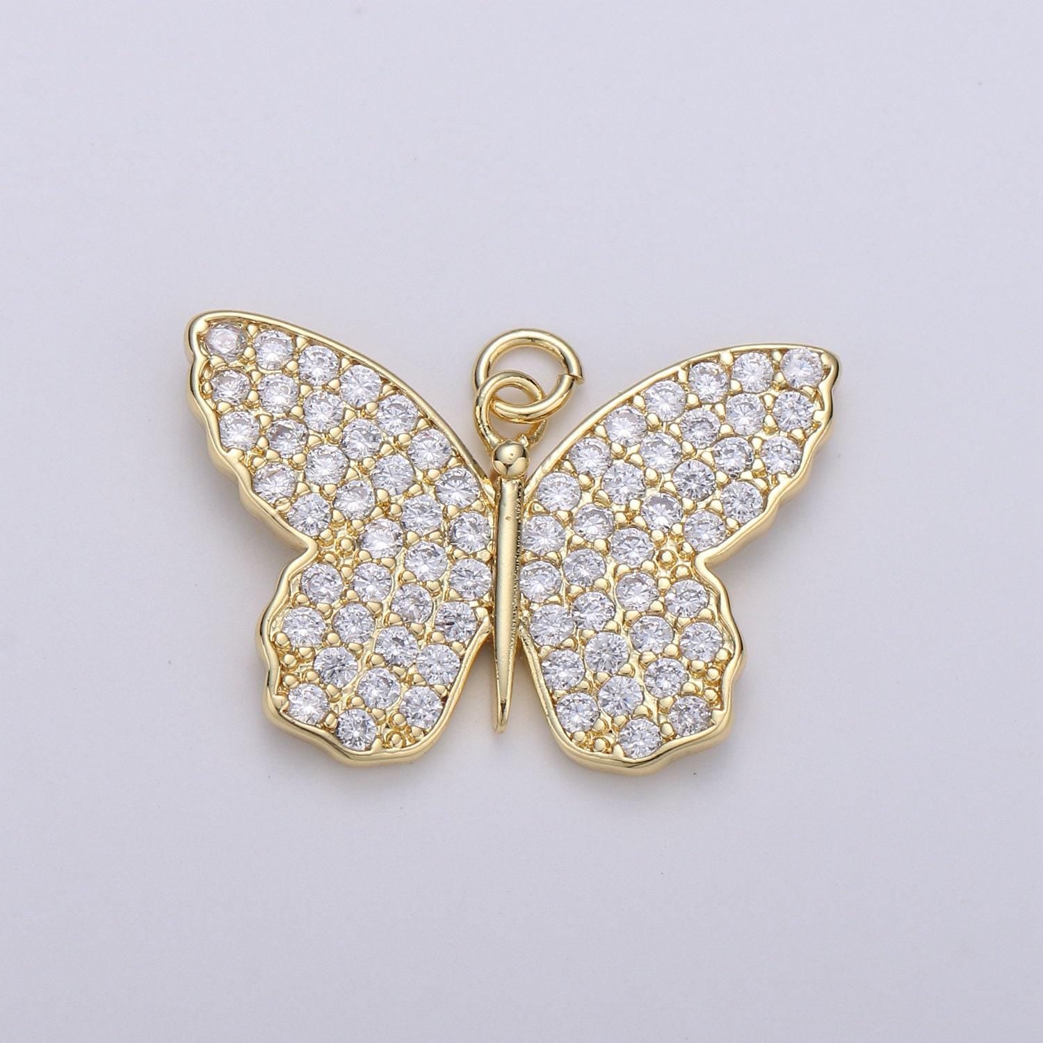 14k gold butterfly charm cz micro pave, butterfly pendant, butterfly bracelet, cubic zirconia charm silver mariposa charm, d387,d388