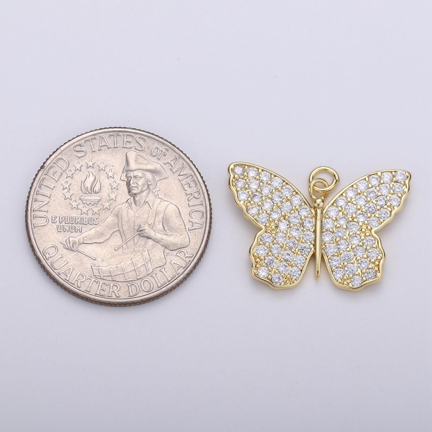 14k gold butterfly charm cz micro pave, butterfly pendant, butterfly bracelet, cubic zirconia charm silver mariposa charm, d387,d388