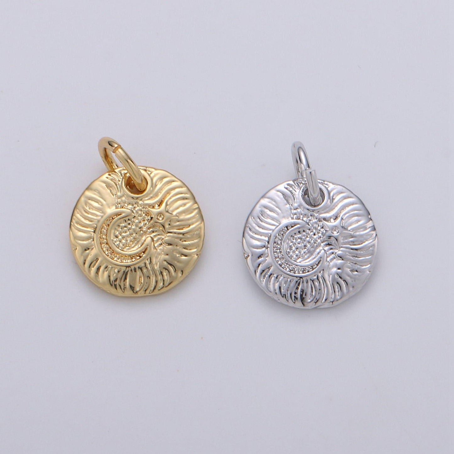 Celestial jewelry gold crescent moon charm rustic coin disc charm jewelry making supply 24k gold findings chgf-1400, 1401